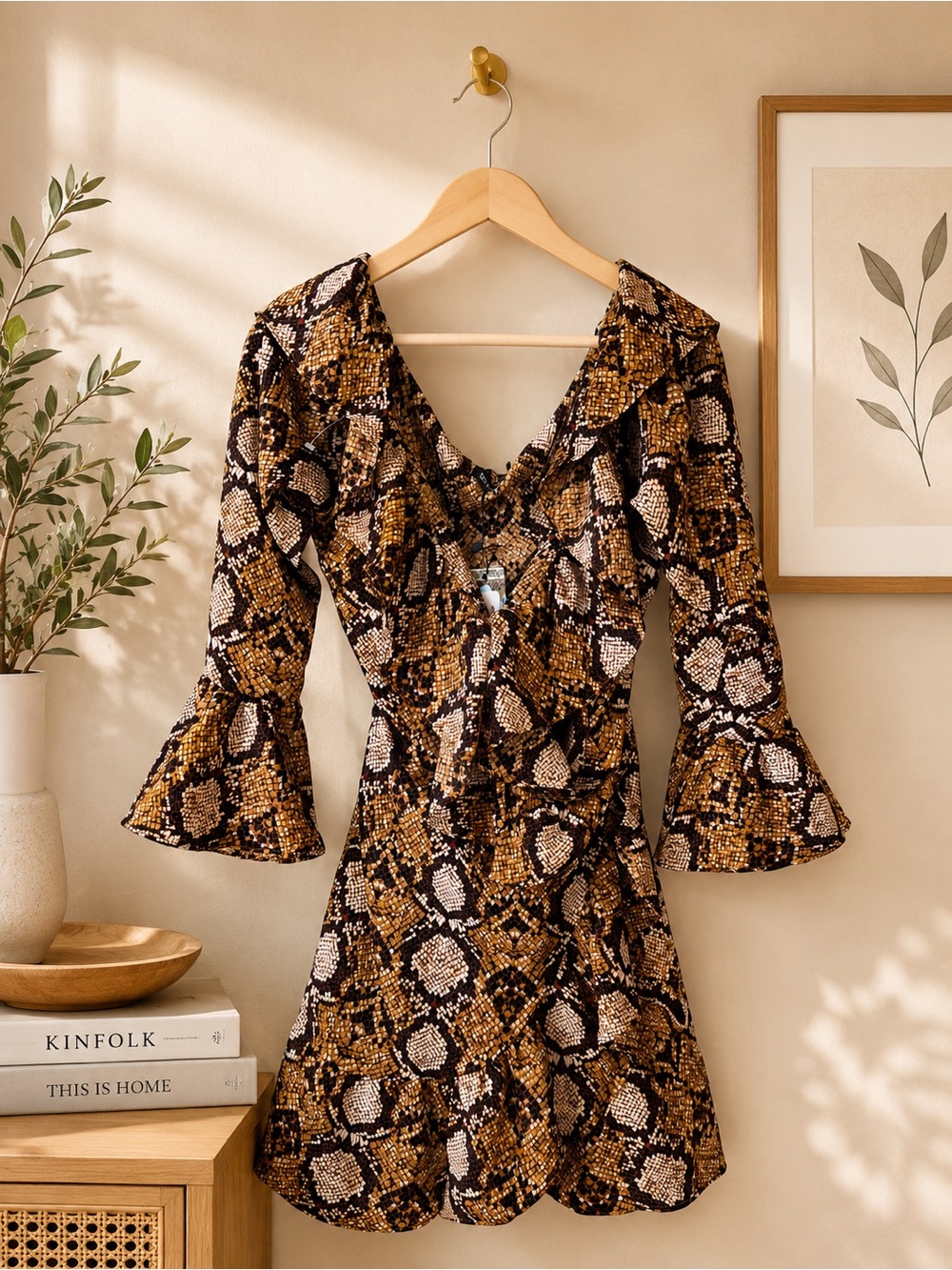 Boohoo Brown & Black Snakeskin Wrap Dress